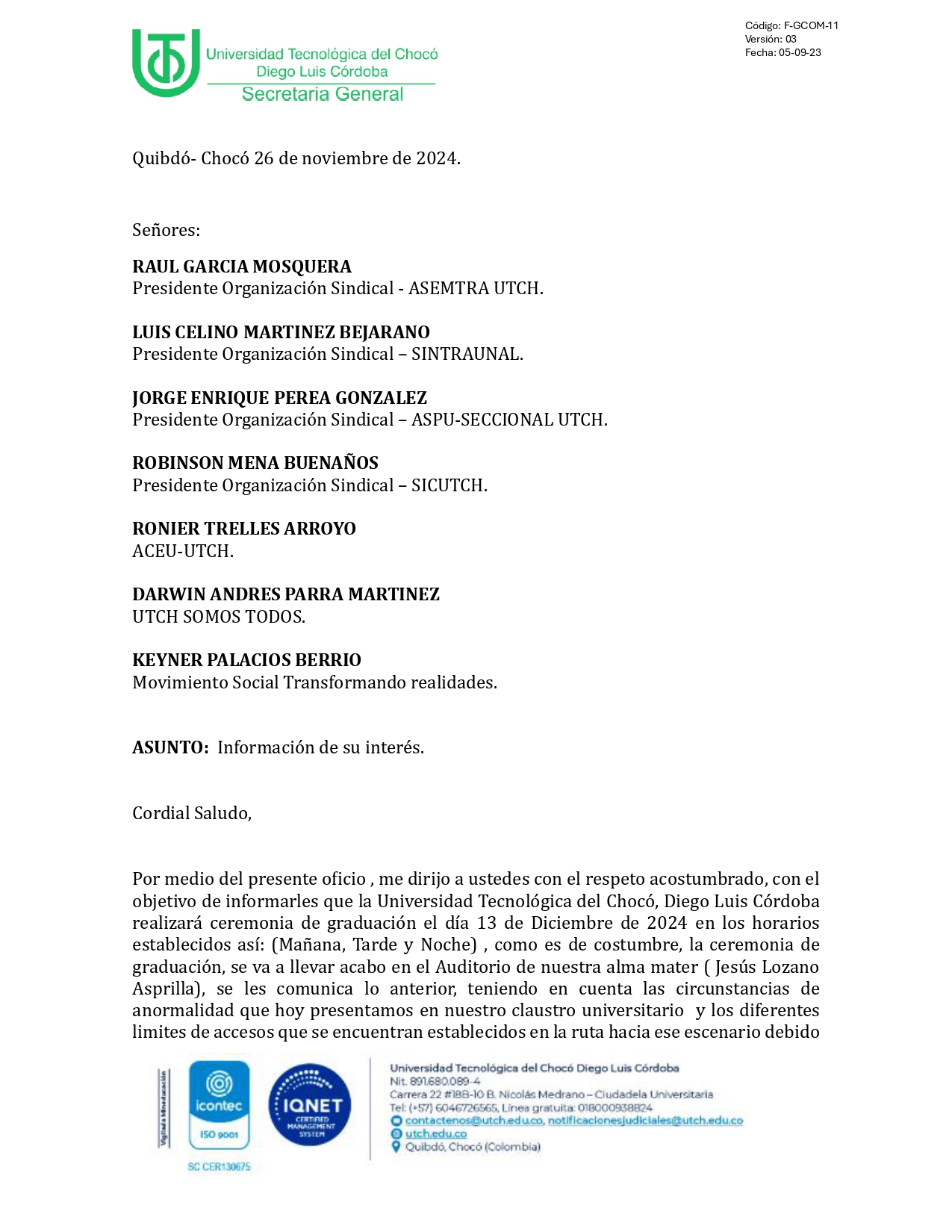 OFICIO CEREMONIA DE GRADUACION UTCH ASAMBLEA TRISESTAMENTARIA página 0001