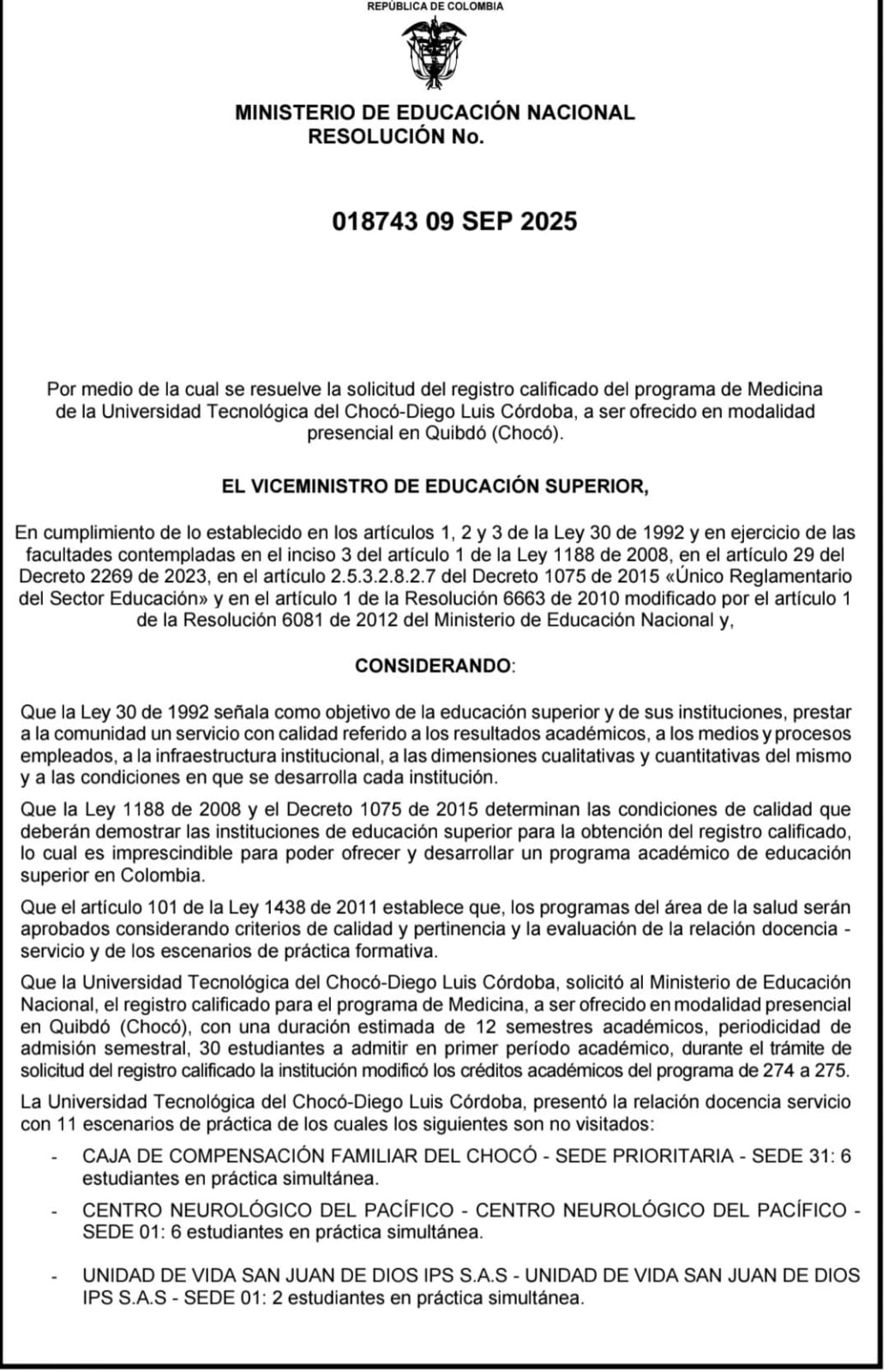 Es oficial, la UTCH recibe registro calificado para el programa de Medicina, un acontecimiento histórico para el Chocó
