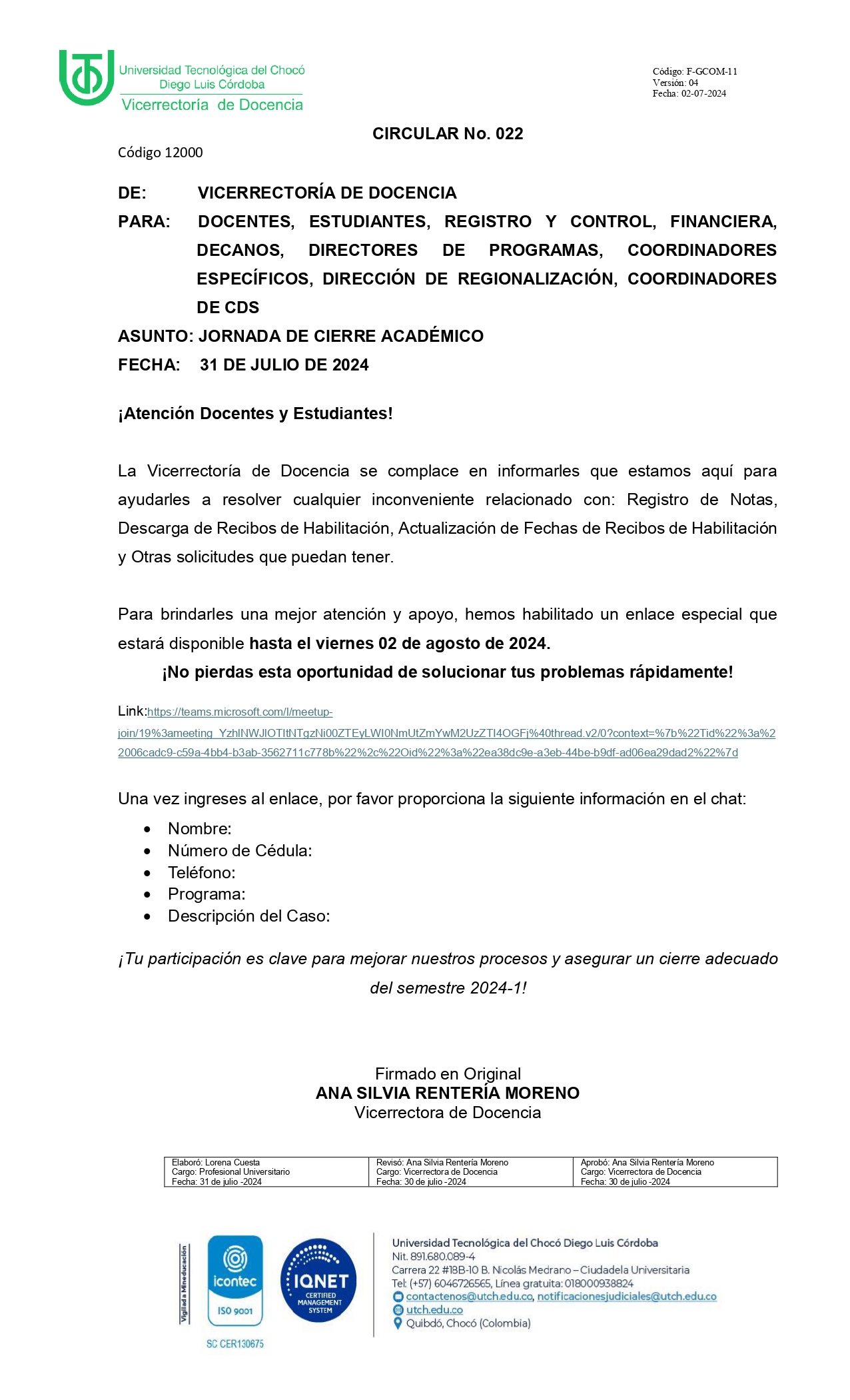 CIRCULAR No. 022 JORNADA DE CIERRE ACADEMICO página 0001